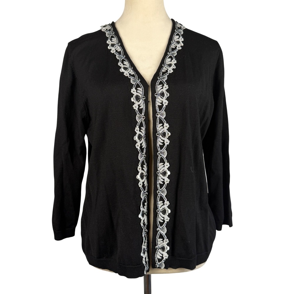 New Kate Hill Silk Blend Cardigan XL Black Silver Floral Embroidered Beaded